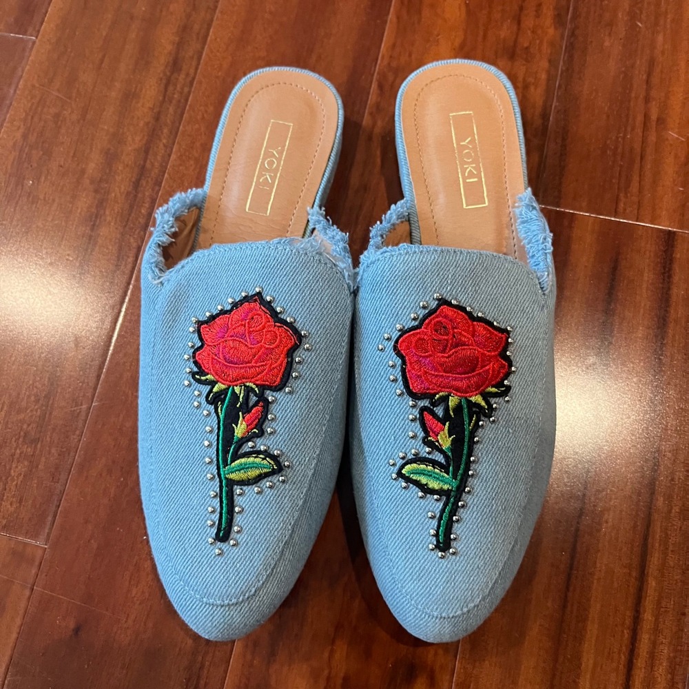 Denim Mule Shoes Rose Embroidered Studs‎ Yoki Willas-71 Light Blue New Size 7
